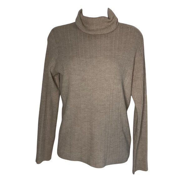 Halston Womens Medium Ribbed Turtleneck Sweater Extra Fine Merino Wool Beige - Picture 1 of 8